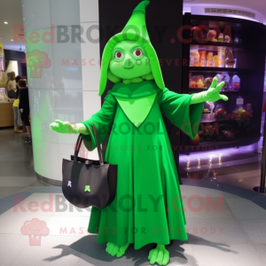 Green Witch mascot costume character dressed with a Wrap Dress and Handbags