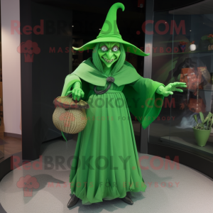 Green Witch mascot costume character dressed with a Wrap Dress and Handbags