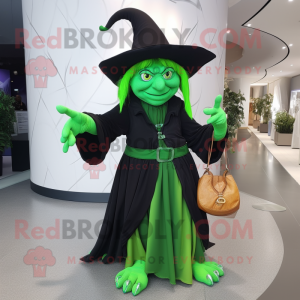 Green Witch mascot costume character dressed with a Wrap Dress and Handbags