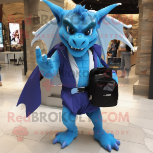 Blue Gargoyle mascot costume character dressed with a Dress Pants and Messenger bags