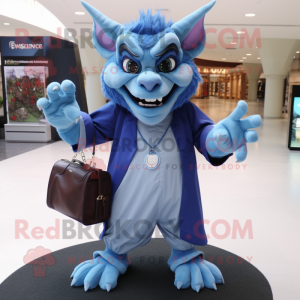 Blue Gargoyle mascot costume character dressed with a Dress Pants and Messenger bags
