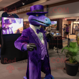 Purple Deinonychus mascot costume character dressed with a Tuxedo and Bracelet watches