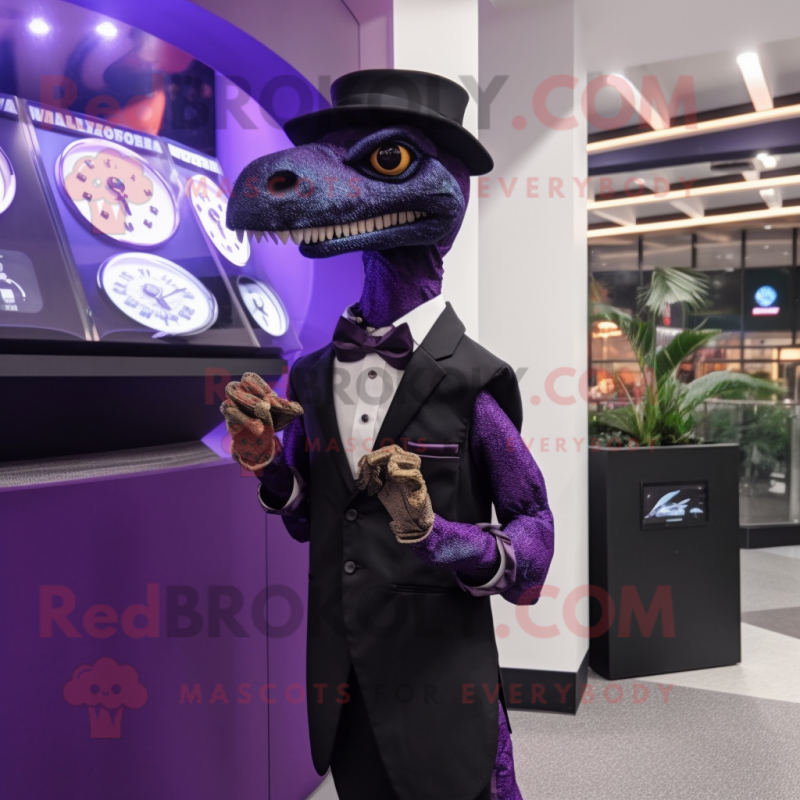 Purple Deinonychus mascot costume character dressed with a Tuxedo and Bracelet watches