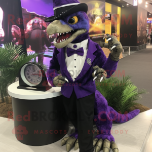 Purple Deinonychus mascot costume character dressed with a Tuxedo and Bracelet watches