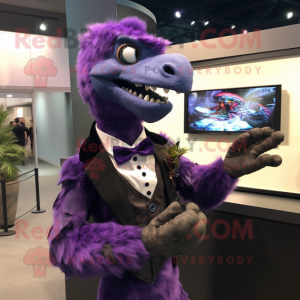 Purple Deinonychus mascot costume character dressed with a Tuxedo and Bracelet watches