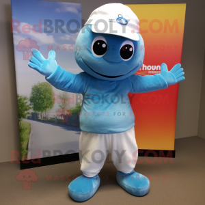 Sky Blue Cod mascot costume character dressed with a Henley Shirt and Bracelets