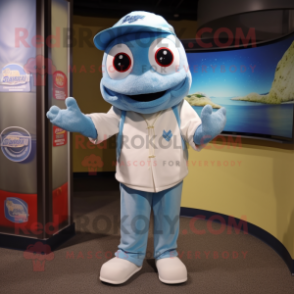 Sky Blue Cod mascot costume character dressed with a Henley Shirt and Bracelets