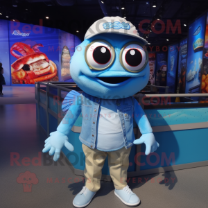 Sky Blue Cod mascot costume character dressed with a Henley Shirt and Bracelets