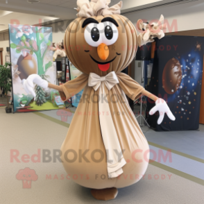 Tan Stilt Walker mascot costume character dressed with a Ball Gown and Scarf clips