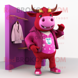 Magenta Bull mascot costume character dressed with a Cardigan and Earrings