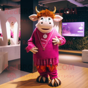 Magenta Bull mascot costume character dressed with a Cardigan and Earrings