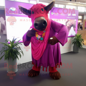 Magenta Bull mascot costume character dressed with a Cardigan and Earrings