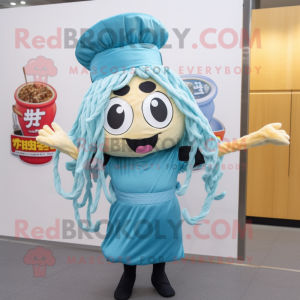 Sky Blue Ramen mascot costume character dressed with a Shift Dress and Headbands