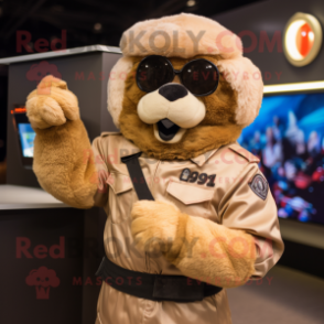 Beige Sniper mascot costume character dressed with a Leather Jacket and Mittens