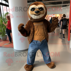 Brown Sloth mascot costume character dressed with a Flare Jeans and Shoe laces