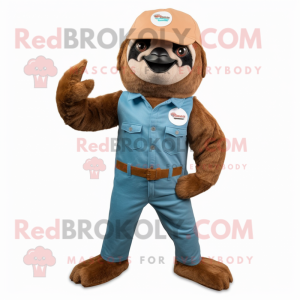 Brown Sloth mascot costume character dressed with a Flare Jeans and Shoe laces