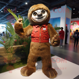 Brown Sloth mascot costume character dressed with a Flare Jeans and Shoe laces