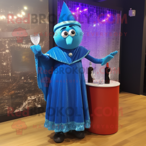 Blue Wizard mascot costume character dressed with a Cocktail Dress and Brooches