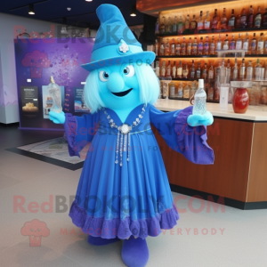 Blue Wizard mascot costume character dressed with a Cocktail Dress and Brooches
