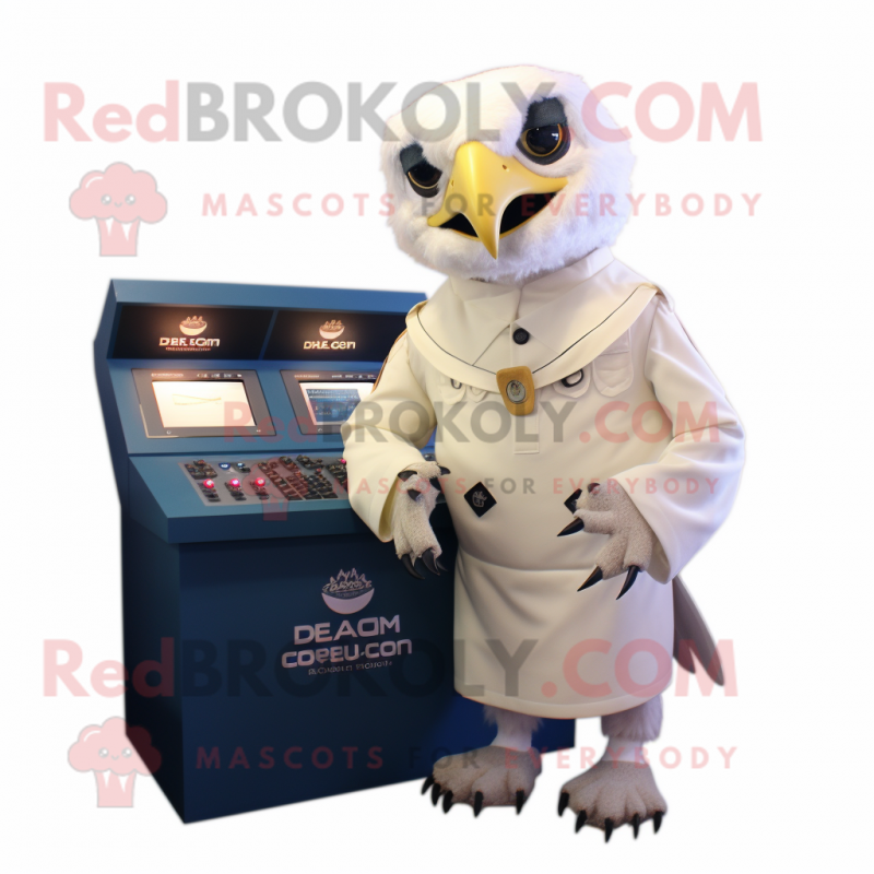 Cream Falcon mascot costume character dressed with a Culottes and Digital watches Cream Falcon mascot costume character dressed with a Culottes and Digital watches