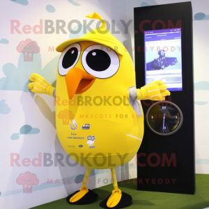 Yellow Blackbird mascot costume character dressed with a One-Piece Swimsuit and Digital watches