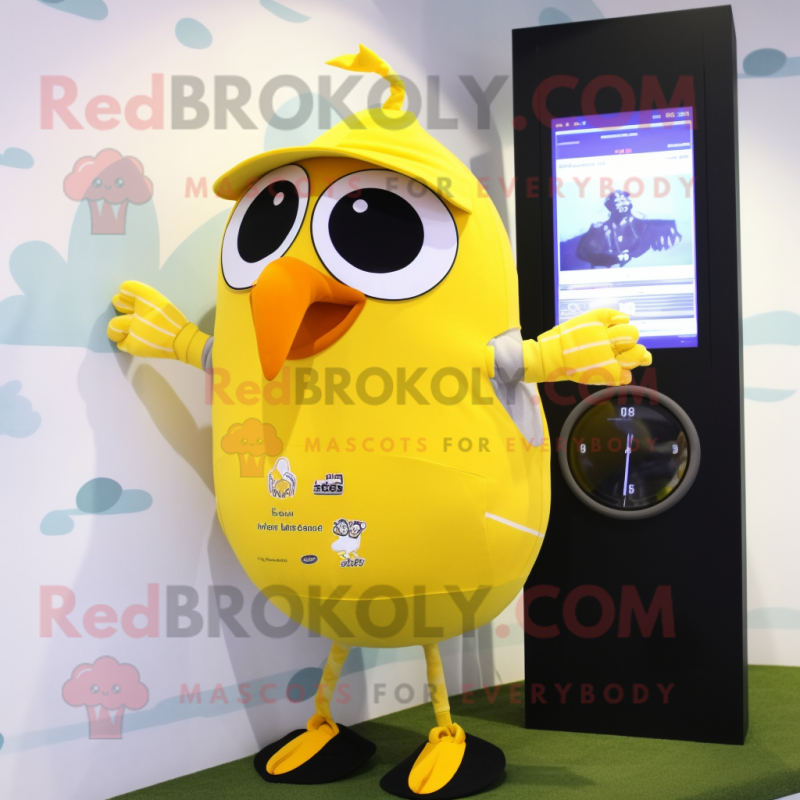 Yellow Blackbird mascot costume character dressed with a One-Piece Swimsuit and Digital watches Yellow Blackbird mascot costume character dressed with a One-Piece Swimsuit and Digital watches