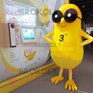 Yellow Blackbird mascot costume character dressed with a One-Piece Swimsuit and Digital watches