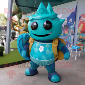 Teal King mascot costume character dressed with a Rash Guard and Backpacks