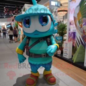 Teal King mascot costume character dressed with a Rash Guard and Backpacks