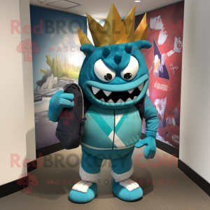 Teal King mascot costume character dressed with a Rash Guard and Backpacks