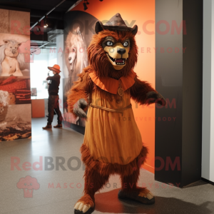 Rust Werewolf mascot costume character dressed with a Empire Waist Dress and Berets