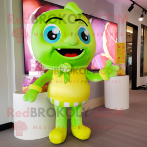 Lime Green Candy mascot costume character dressed with a Romper and Wraps