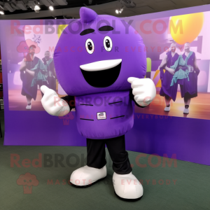 Purple Boxing Glove mascot costume character dressed with a Blouse and Messenger bags
