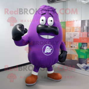 Purple Boxing Glove mascot costume character dressed with a Blouse and Messenger bags