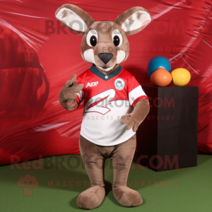 Red Kangaroo mascot costume character dressed with a Rugby Shirt and Necklaces