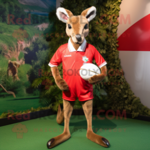 Red Kangaroo mascot costume character dressed with a Rugby Shirt and Necklaces