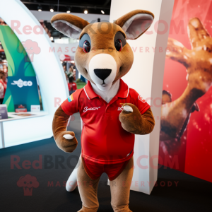 Red Kangaroo mascot costume character dressed with a Rugby Shirt and Necklaces