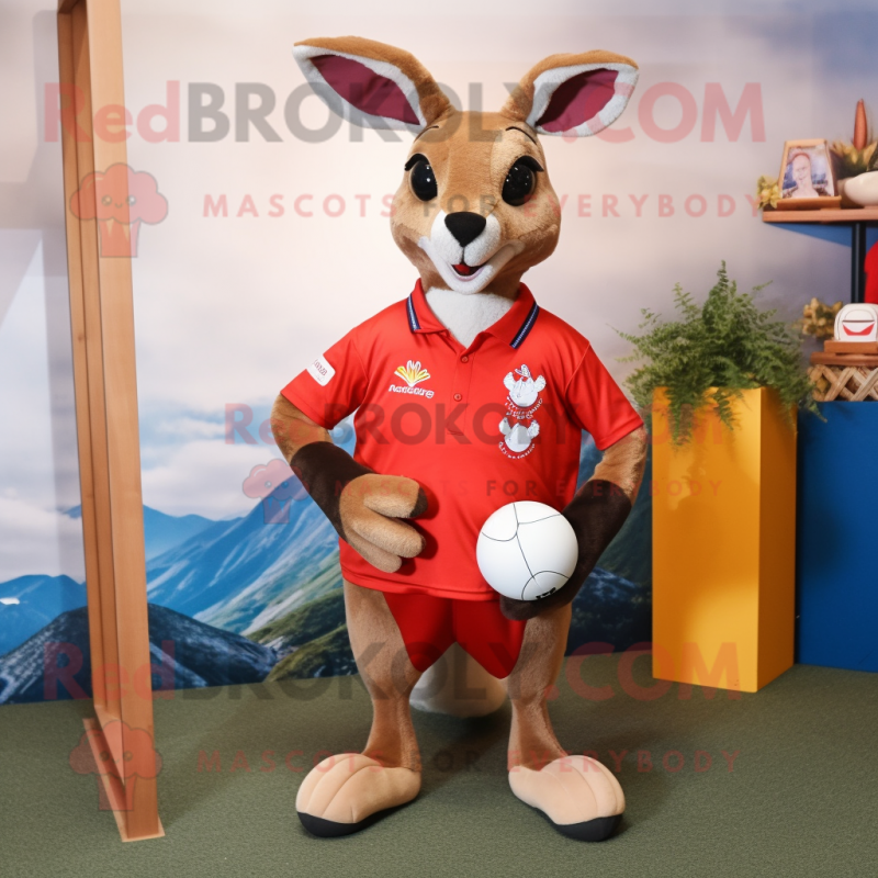 Red Kangaroo mascot costume character dressed with a Rugby Shirt and Necklaces Red Kangaroo mascot costume character dressed with a Rugby Shirt and Necklaces