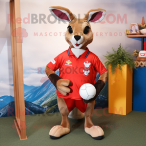 Red Kangaroo mascot costume character dressed with a Rugby Shirt and Necklaces