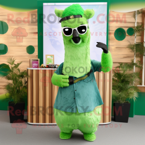 Green Llama mascot costume character dressed with a Wrap Skirt and Sunglasses