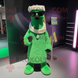 Green Llama mascot costume character dressed with a Wrap Skirt and Sunglasses