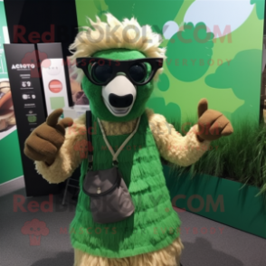 Green Llama mascot costume character dressed with a Wrap Skirt and Sunglasses