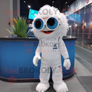 White Betta Fish mascot costume character dressed with a Jumpsuit and Eyeglasses