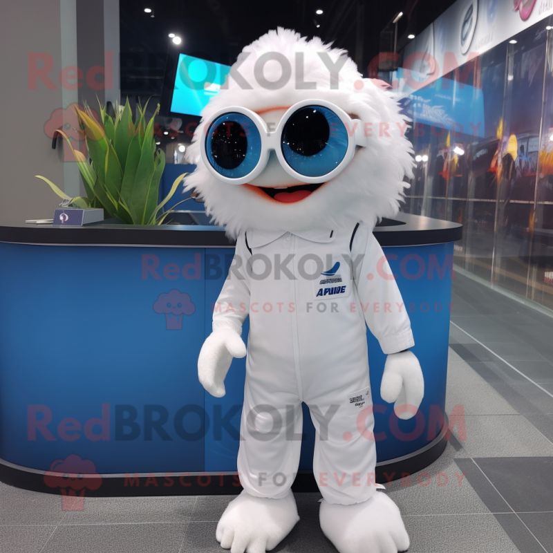 White Betta Fish mascot costume character dressed with a Jumpsuit and Eyeglasses