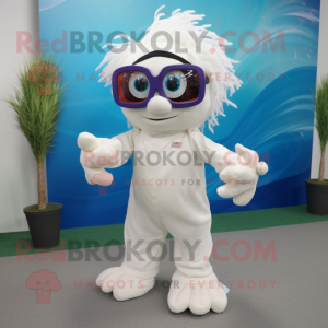 White Betta Fish mascot costume character dressed with a Jumpsuit and Eyeglasses