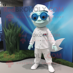 White Betta Fish mascot costume character dressed with a Jumpsuit and Eyeglasses