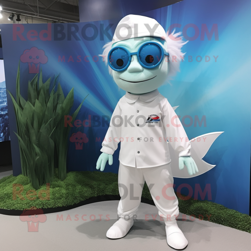 White Betta Fish mascot costume character dressed with a Jumpsuit and Eyeglasses White Betta Fish mascot costume character dressed with a Jumpsuit and Eyeglasses
