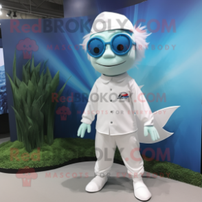 White Betta Fish mascot costume character dressed with a Jumpsuit and Eyeglasses