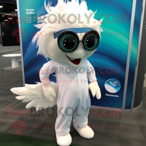 White Betta Fish mascot costume character dressed with a Jumpsuit and Eyeglasses