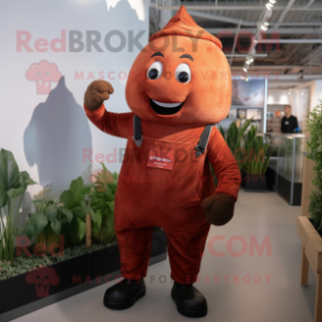 Rust Beet mascot costume character dressed with a Dungarees and Bracelet watches